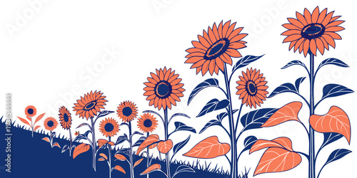 A group of sunflowers standing tall in a field Vector