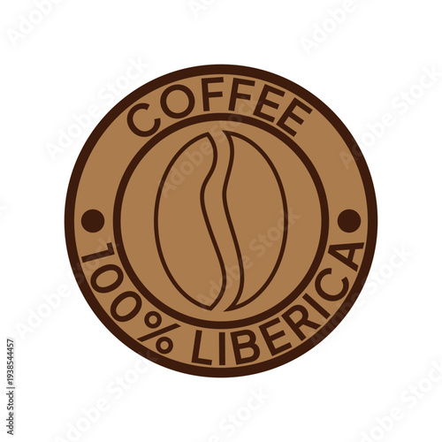 Coffee logo. Coffee, 100% Liberica emblem. Brown coffee beans with letters in a circle round badge.