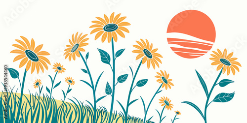 Sunflowers and sun setting over a field Vector