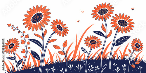 A colorful illustration of sunflowers and grass Vector