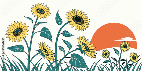 A group of sunflowers in a field at sunset Vector