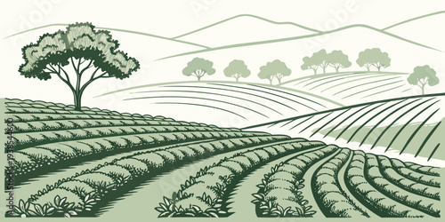 A green and white illustration of a tree on a hill with rows of crops Vector