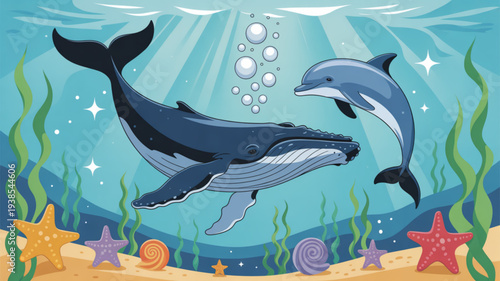 Whale and dolphin swimming together underwater with seaweed and starfish on ocean floor