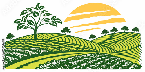 A serene landscape with a tree and a sunset Vector