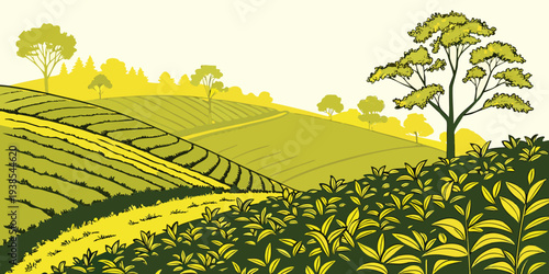 A serene countryside landscape with rolling hills and trees Vector