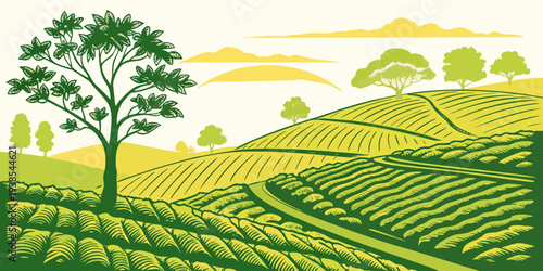 A green and yellow image of a vineyard with a tree Vector