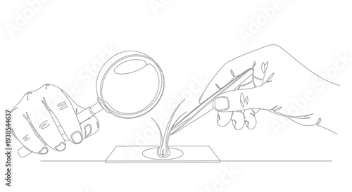 Hand holding tweezers examining a small plant under a magnifying glass.