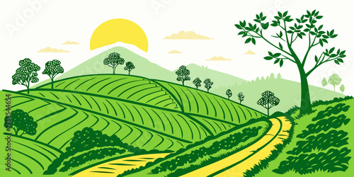 A green landscape with a dirt road and trees Vector