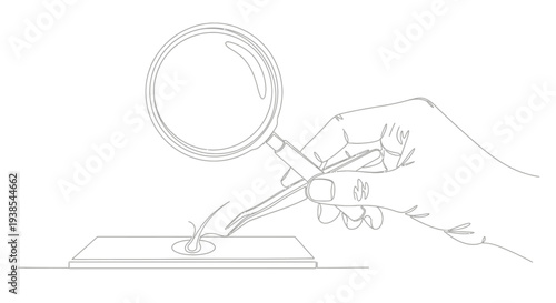 Hand holding tweezers examining a small object with a magnifying glass.