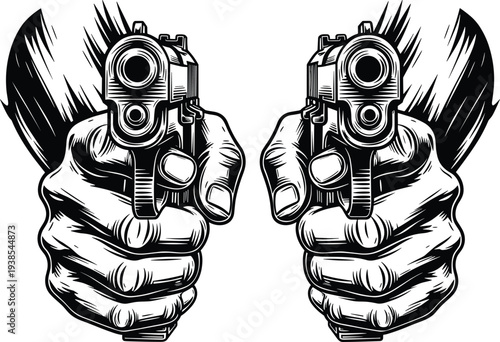 Handgun illustration, forward-facing guns, dramatic pose, graphic hands, weapon silhouette, black vector set, confrontation art, bold firearm icon