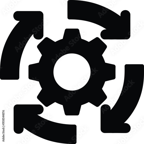 Simple black and white illustration of a gear surrounded by circular arrows indicating rotation or process