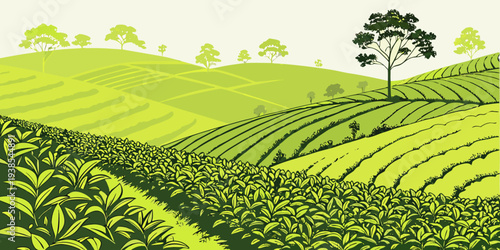 A green landscape with rolling hills and trees Vector