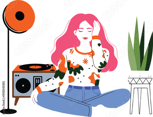 Hand-drawn vector of vintage music lover woman relaxing with vinyl record player and retro fashion in minimalist style