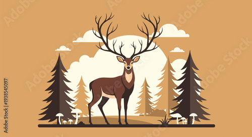 Majestic buck standing in pine forest with mushrooms at sunset
