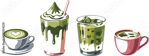Clean line art illustration of pastel matcha latte, iced drinks, milk foam, and refreshing green tea beverages collection vector