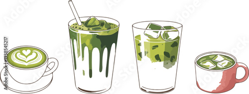 Minimal hand-drawn pastel matcha drink vector set featuring iced beverages, latte cups, smoothies, and cozy tea-time illustrations