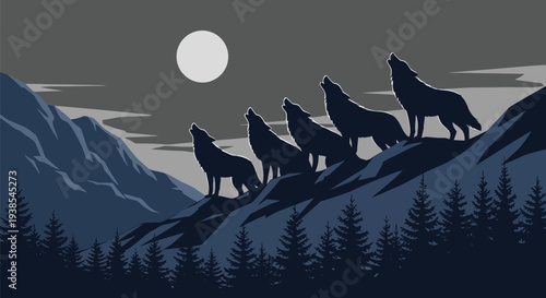 Pack of wolves howling at full moon on mountain ridge