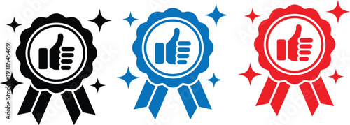 Set of three badge icons featuring thumbs up symbol in different colors on plain white background representing approval and satisfaction perfectly