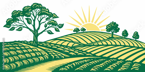 A green and yellow landscape with a sun and trees Vector