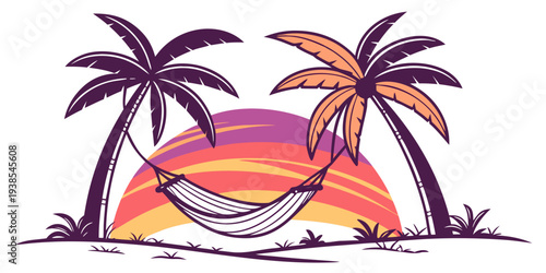 A hammock between two palm trees at sunset Vector