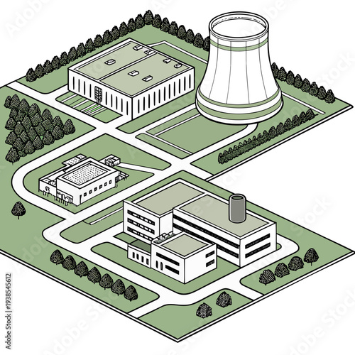 An isometric illustration of a nuclear power plant with cooling tower and buildings on green areas with roads and trees