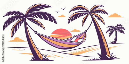 A hammock between two palm trees on a beach at sunset Vector