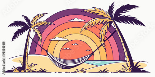 A hammock on a beach with palm trees and a sunset Vector