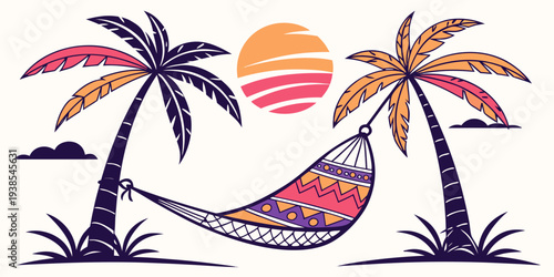 A hammock between two palm trees at sunset Vector