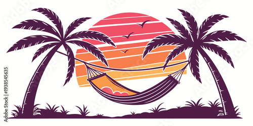 A hammock between two palm trees at sunset Vector
