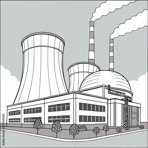 A black and white illustration of a nuclear power plant with cooling towers and smokestacks emitting steam