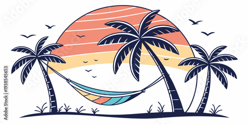 A hammock between two palm trees at sunset Vector