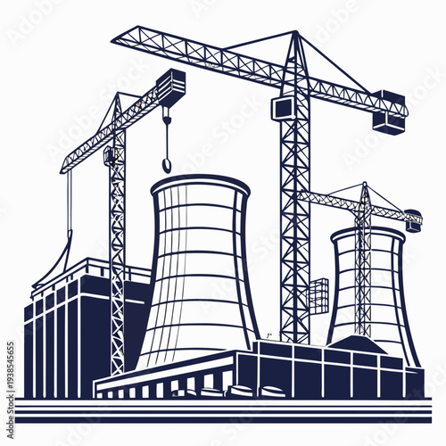 Industrial construction site with cranes and cooling towers
