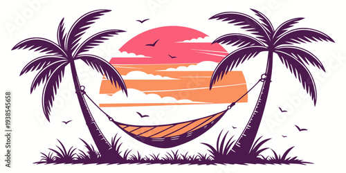 A hammock between two palm trees at sunset Vector