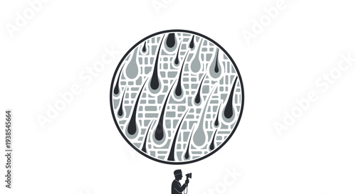 Man holding a large balloon with raindrop pattern and abstract background.