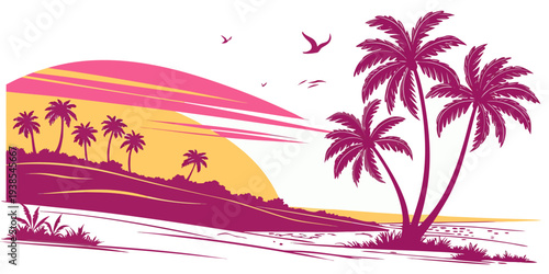 A pink and yellow tropical island scene with palm trees at sunset Vector