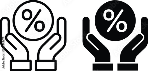 Discount icon with percentage symbol being held by hands in black and white simple design for promotional offers