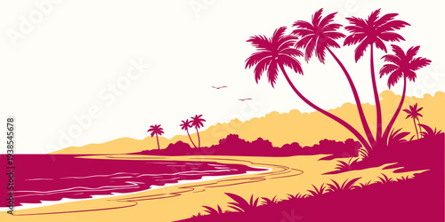 A pink and yellow tropical beach scene with palm trees Vector