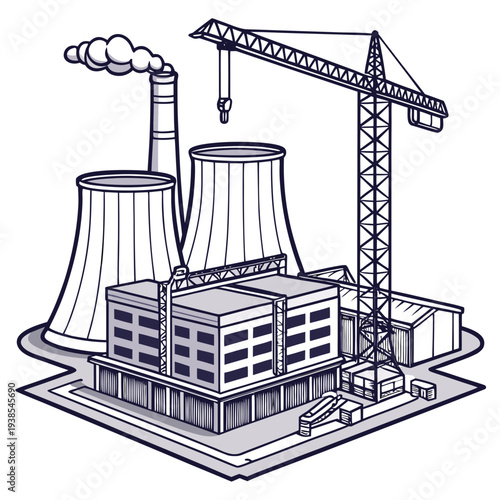 A black and white line drawing of a nuclear power plant with a crane