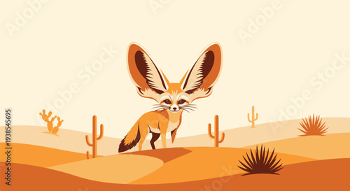 Fennec fox with large ears standing in desert dunes