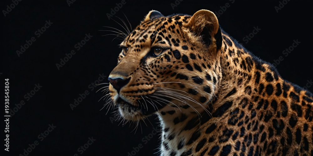 Obraz premium A high-contrast, close-up portrait of a leopard with a focused gaze isolated against a solid black background