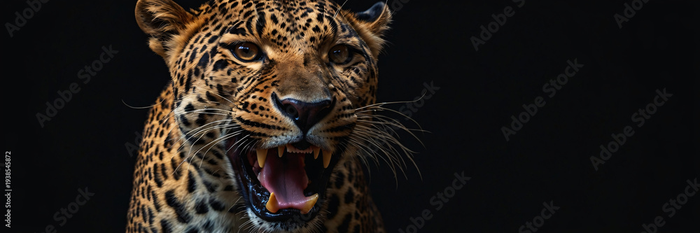 Obraz premium A dramatic close-up of a leopard snarling with its mouth wide open, revealing sharp teeth against a solid black background. Banner