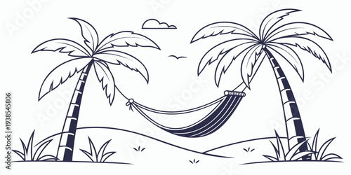 A hammock between two palm trees on a beach Vector