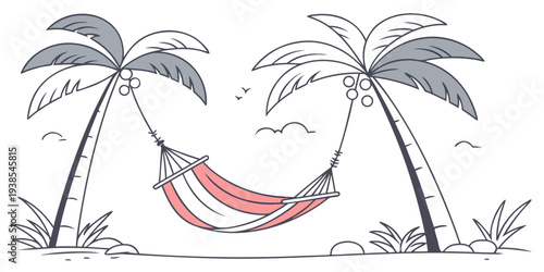 A hammock is hanging between two palm trees on a beach Vector