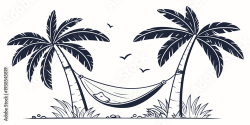 A hammock is hanging between two palm trees on a sunny beach Vector