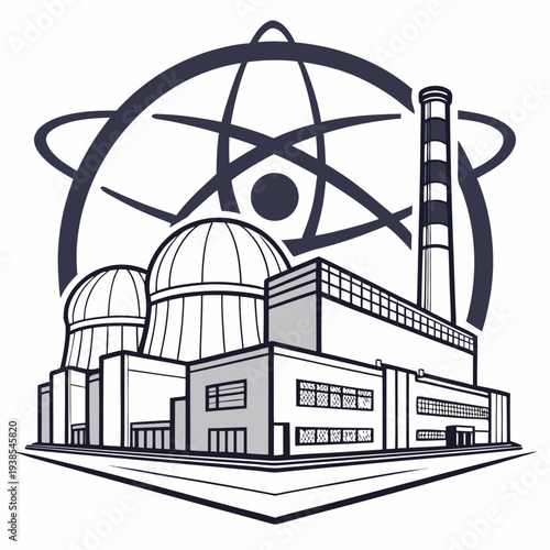 A black and white illustration of a nuclear power plant with atomic symbol