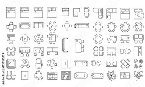 Architectural Floor Plan Furniture Symbols Vector, Interior Design Top View CAD Icons
