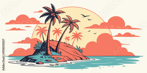 A tropical island with palm trees and a sunset Vector