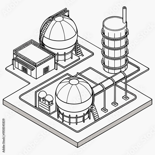 Isometric view of industrial facility with domed structures and cylindrical tower