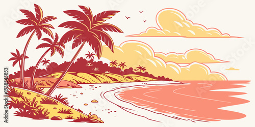 A serene tropical island at sunset with palm trees Vector