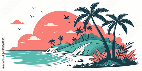 A tropical island with palm trees and a sunset Vector